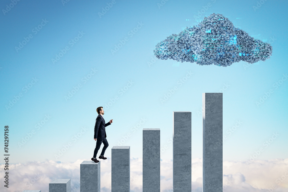 Aufkleber Businessman on concrete chart bars under abstract digital cloud with programming language on bright sky background. Digital storage, financial growth, database, network and technology concept.