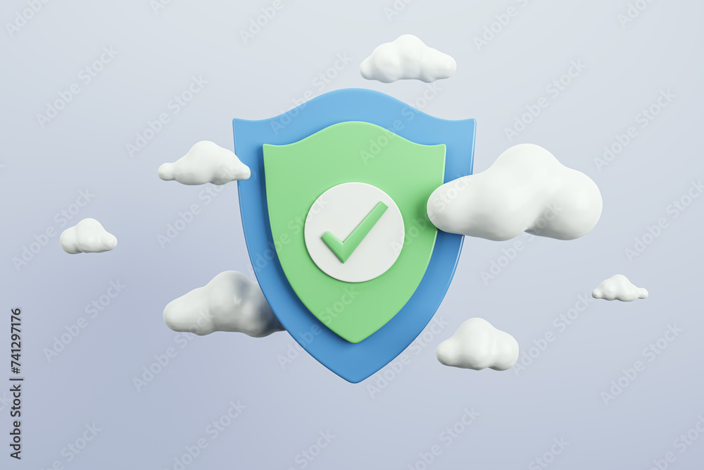 Poster Protective shield symbolizing network security, floating among clouds on a light background. 3D Rendering
