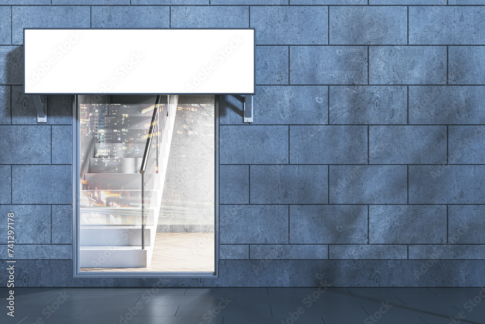 Poster Contemporary nighttime glass storefront in concrete tile building with empty white mock up stopper and tree shadows. 3D Rendering.