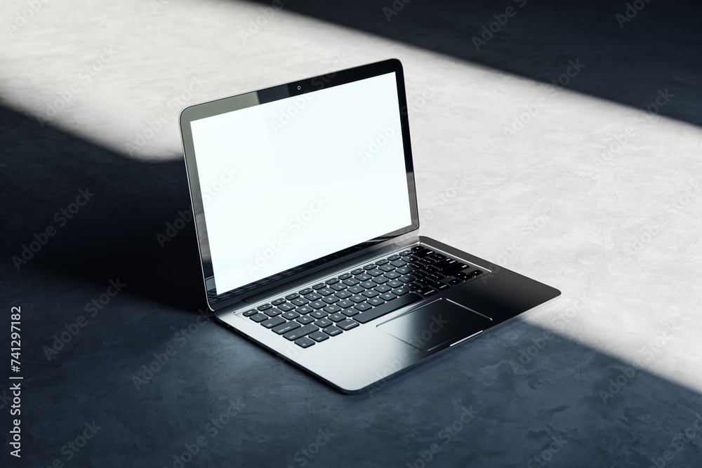 Poster open laptop on a concrete background with natural lighting, clean design technology mockup. 3d rende