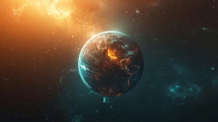 Fototapeta premium Environmental planet orbit, Within the cosmic symphony, a vibrant planet orbits peacefully, embraced by celestial harmony and shimmering starlight