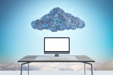 Abstract image of empty white computer placed on desk under digital cloud with coding on sky background. Digital storage, database, network and technology concept. Mock up, 3D Rendering.