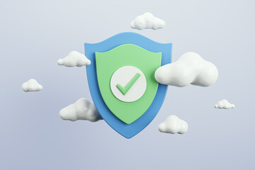 Protective shield symbolizing network security, floating among clouds on a light background. 3D Rendering