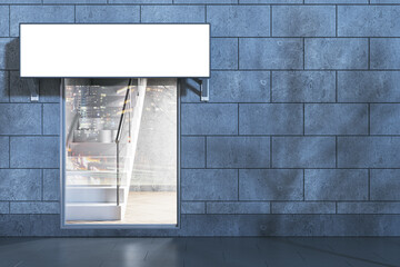 Contemporary nighttime glass storefront in concrete tile building with empty white mock up stopper and tree shadows. 3D Rendering.
