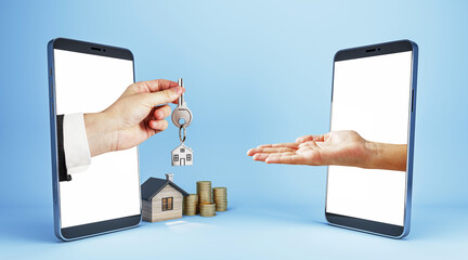 Male hand handing key from smartphone to smartphone with house and coins on blue background. Online...