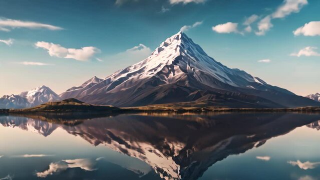 Volcanic mountain in morning light reflected in calm