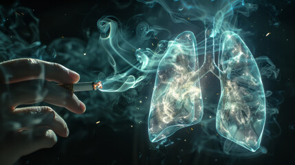 Smoker hand holding a smoking cigarette next to lungs full of smoke representing the danger of smoking for health - obrazy, fototapety, plakaty