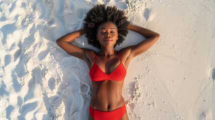 Top down view of a black African American beautiful young woman sunbathing in swimwear on a white sand beach on sunny summer day - obrazy, fototapety, plakaty