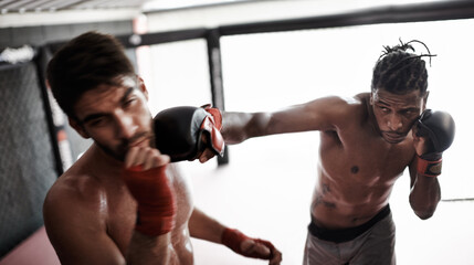 Punch, pain and men sparring for kickboxing competition, challenge and fitness with fight sports in...