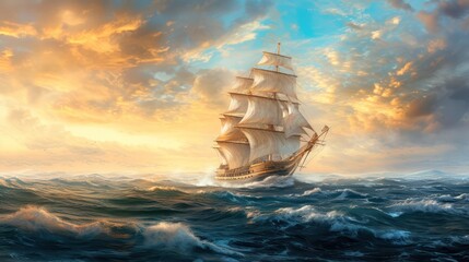 Sailing ship in stormy sea with sunset backdrop