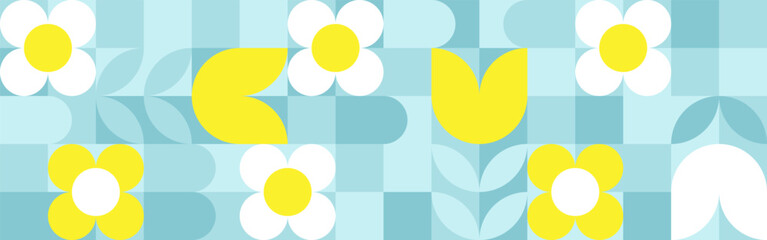 Seamless geometric summer background from flowers ornament, bright textiles and wallpaper. Daisies and bells in yellow and blue sunny shades for packaging goods and gifts.
