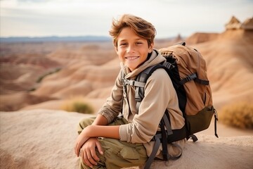 Happy boy with backpack in Valley of Fire State Park, Nevada, USA - obrazy, fototapety, plakaty