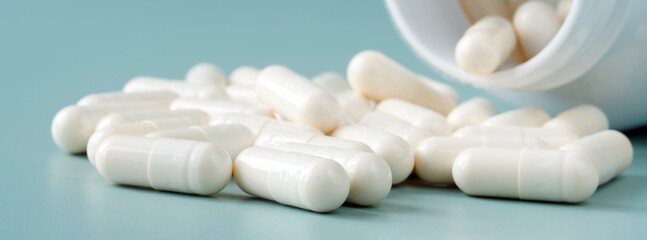 White medical capsules containing medicine or vitamins, spilled out of an open plastic bottle onto a pastel green-blue background. Photo. Selective focusing. Web banner