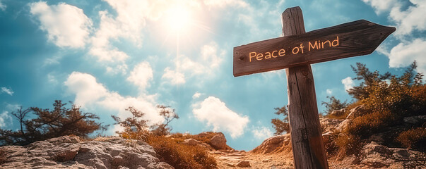 Wooden direction sign reading Peace of Mind pointing right against a sunny blue sky with sun rays, concept for clarity and tranquility - obrazy, fototapety, plakaty