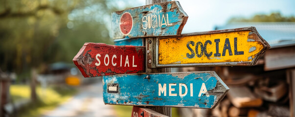 A multi directional signpost with colorful social media and communication icons representing various online and digital interaction platforms