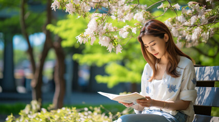 リラックスする女性、公園のベンチで本を読む日本人女性
