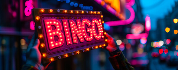 Euphoric moment captured as hands hold up a BINGO! sign, embodying the thrill of winning, set against a vibrant, multicolored bokeh backdrop - obrazy, fototapety, plakaty
