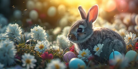 Cute Easter bunny among colorful eggs in nature with flowers