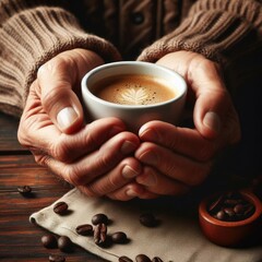 Closeup of hands with a mug of coffee in the morning. Warm and cozy mood. Generative ai.