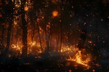 Blazing inferno consuming woodland in the darkness of night disaster scene. Concept Disaster Scene, Forest Fire, Nighttime Tragedy, Natural Disaster, Emergency Response