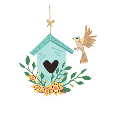 spring bird and flying birdhouse for greeting card, cover design. Vector illustration isolated. Can used for wallpaper, poster, print design for cloth. 