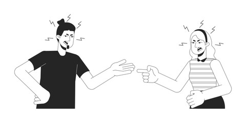 Domestic quarrels caucasian couple black and white 2D line cartoon characters. European adults isolated vector outline people. Gesturing body language, emotional monochromatic flat spot illustration