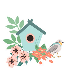 cute spring or summer bird and blue birdhouse with flowers. Vector illustration isolated. Can used for wallpaper, poster, print design for cloth. 