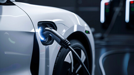 Electric car is charging battery in EV charging station .