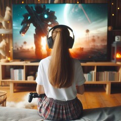 Gamer teen playing a video game on large screen with a gamepad. Gaming and playing video games concept. Generative ai.