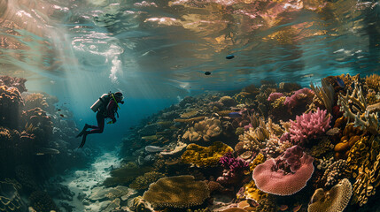 Scuba Diver Exploring Vibrant Coral Reef Ecosystem Underwater with Sunbeams Penetrating Ocean Surface