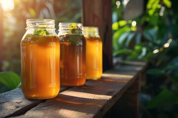 Wholesome images of homemade kombucha in glass jars.