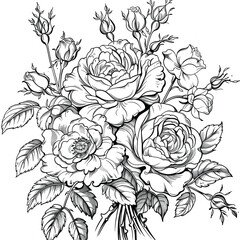 Coloring book flowers black outline. Bouquet of peonies and roses