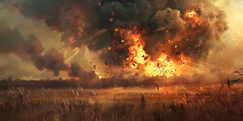 Field ablaze with towering flames and billowing smoke from explosion scene. Concept Action Movie, Fire Effects, Explosive Scenes, Special Effects, Thrilling Explosion - obrazy, fototapety, plakaty
