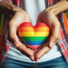 Hands holding a rainbow heart. Concept of LGBTQ love, same sex relation and diversity. Generative ai