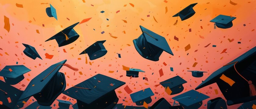 Graduation caps soaring amidst festive confetti