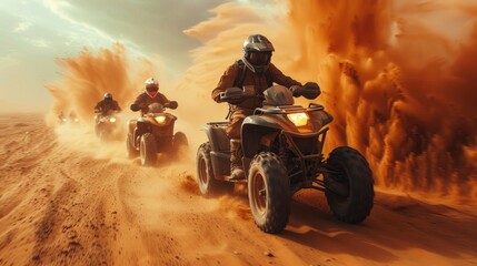 High-speed racing of several people riding atvs in the desert