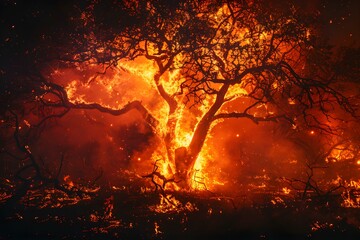 Dramatic wildfire with tree engulfed in bright flames and smoke. Concept Wildfire Photography, Tree Engulfed in Flames, Dramatic Smoke Effects, Fiery Landscape Shots