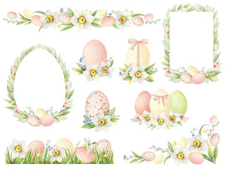 Watercolor Easter set of frames, wreaths, compositions. Easter eggs and spring flowers. Design for invitations, cards, stickers, postcards, textils. Holiday decor.  Hand painted illustration. - 741301512