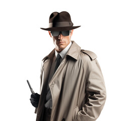 Man Dressed as Spy, isolated on white and transparent background. Ideal for use in advertising. Generative ai