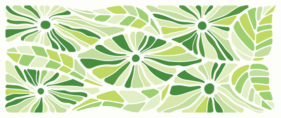 Abstract botanical art green background vector. Natural hand drawn pattern design with leaves branch collage. Simple contemporary style illustrated Design for fabric, print, cover, banner, wallpaper.  - 741301568