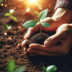 Hands holding and planting a seedling into the earth. Concept of planting, forestation and ecology. Generative ai
