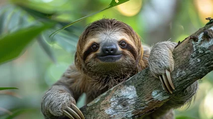 Fotobehang Funny sloth hanging on tree branch, cute face look © fajar