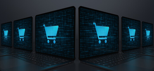 Laptop devices forming an angle with a Shopping cart icon on their screens on a dark background. Realistic rendering.
