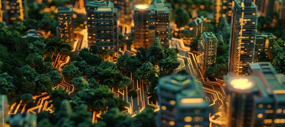 Wall mural lighted electrical circuit board showing trees and cities