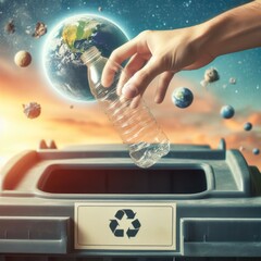 Throwing plastic bottle into a recycle bin. Keeping environment clean and plastic pollution concept. Generative ai