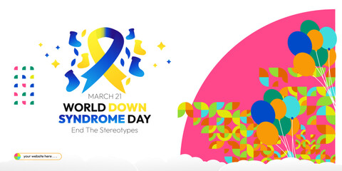 Fototapeta premium World Down Syndrome Day banner in modern geometric style. Banners Down Syndrome Day for social media and more with typography. Vector illustration for banners, posters, invitations, greetings and more