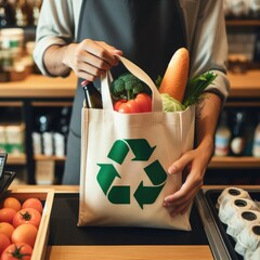 Closeup of a grocery store cashier packing food into a reusable bag. Concept of eco-friendly shopping, promoting sustainability. Generative ai