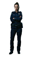 Isolated on white Background, transparent: Confident and Strong Female Police Officer in Full Uniform Standing Proudly