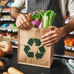 Closeup of a grocery store cashier packing food into a reusable bag. Concept of eco-friendly shopping, promoting sustainability. Generative ai