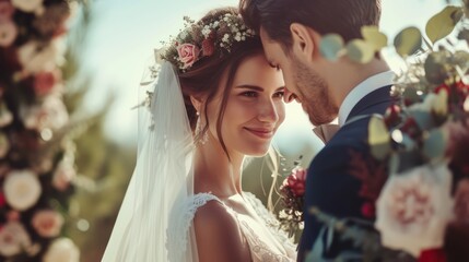 Romantic wedding moment: bride and groom posing for a photo